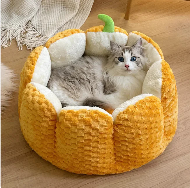 Pumpkin Plush Pet Bed - Cozy Cat Mat, All-Season Use
